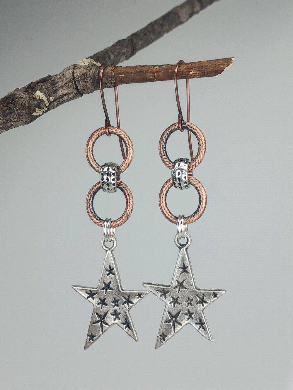 Star Earrings Silver Copper Rustic Americana Artisan Hand Crafted - Picture 3 of 5